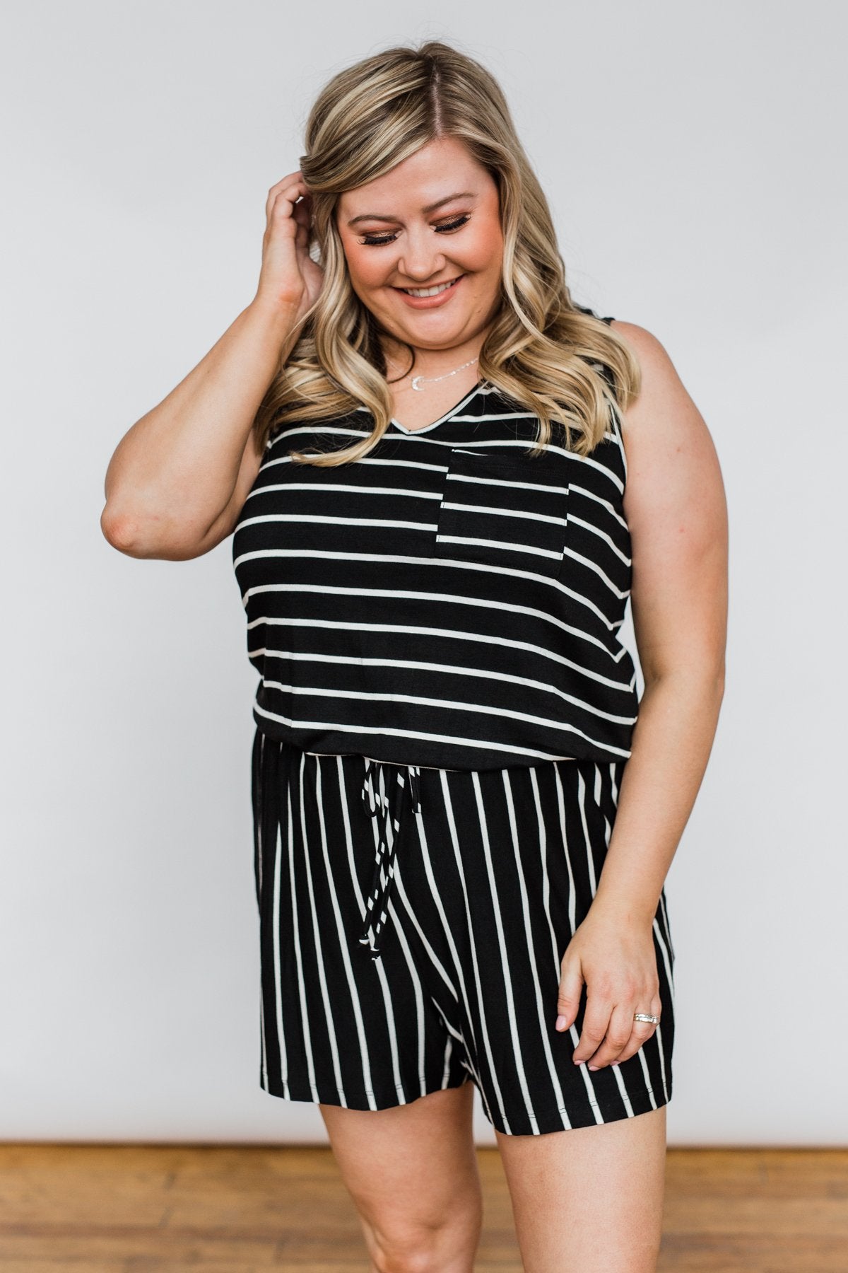 Sleeveless Striped Drawstring Romper- Black & Ivory