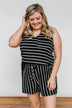 Sleeveless Striped Drawstring Romper- Black & Ivory