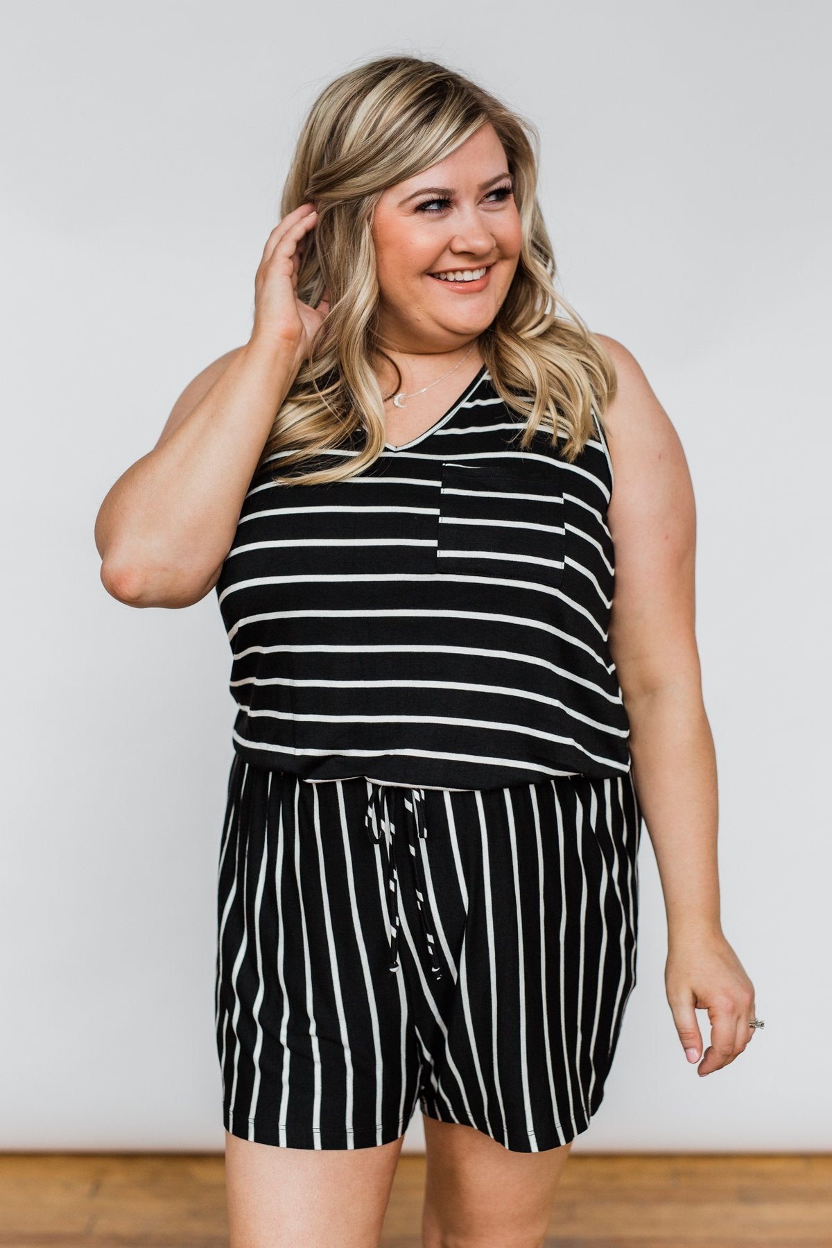 Sleeveless Striped Drawstring Romper- Black & Ivory