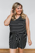 Sleeveless Striped Drawstring Romper- Black & Ivory