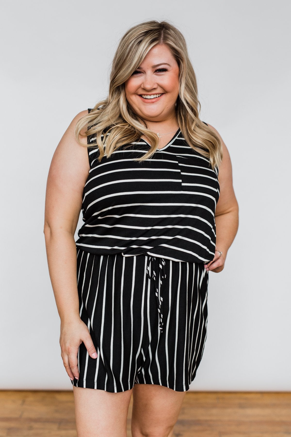 Sleeveless Striped Drawstring Romper- Black & Ivory