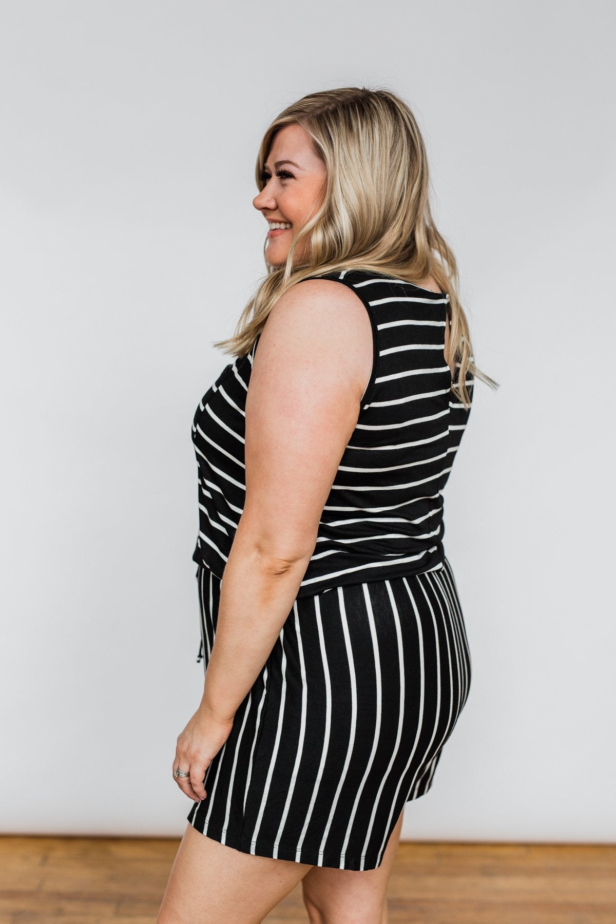 Sleeveless Striped Drawstring Romper- Black & Ivory