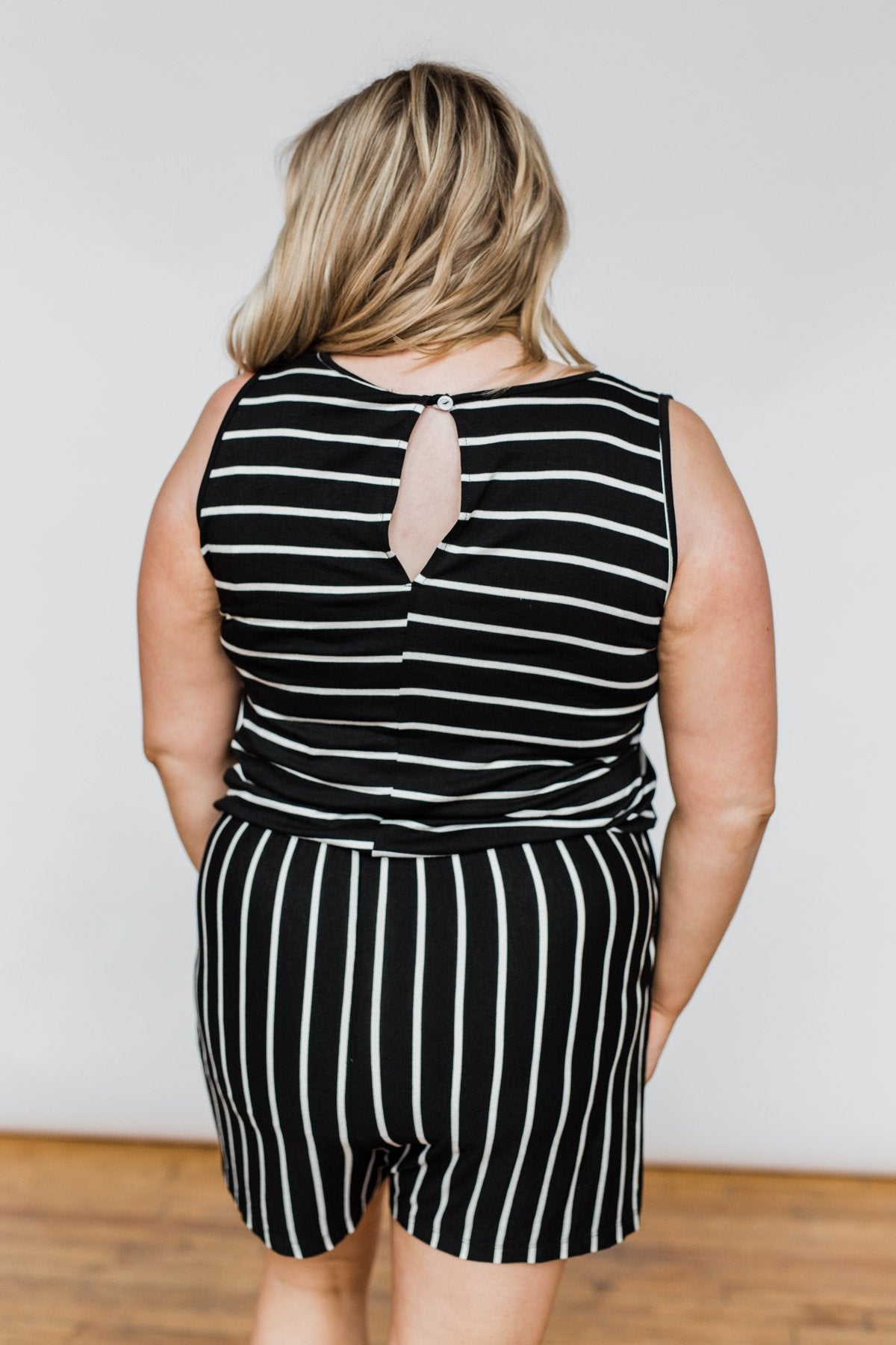 Sleeveless Striped Drawstring Romper- Black & Ivory