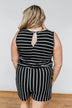 Sleeveless Striped Drawstring Romper- Black & Ivory