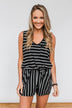 Sleeveless Striped Drawstring Romper- Black & Ivory