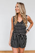 Sleeveless Striped Drawstring Romper- Black & Ivory
