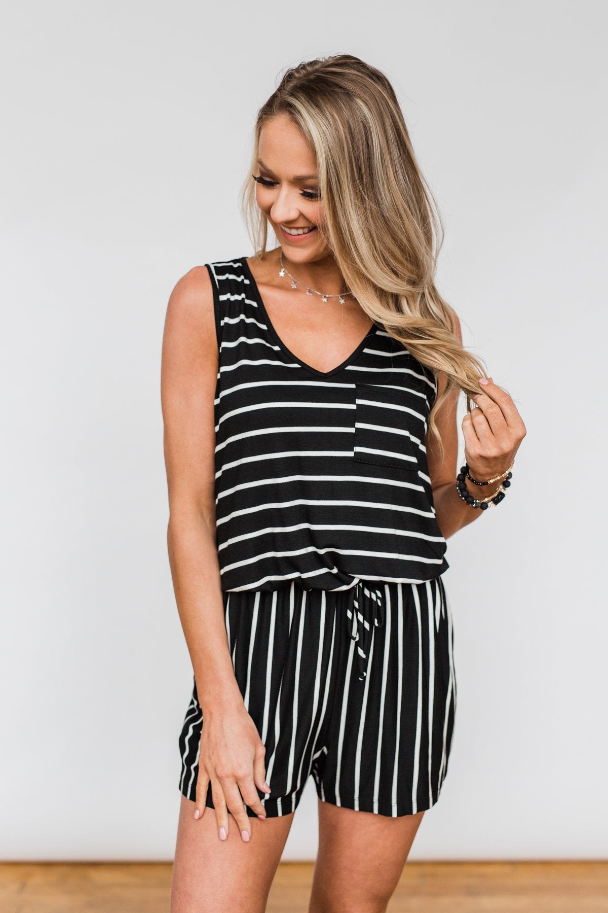 Sleeveless Striped Drawstring Romper- Black & Ivory