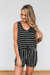 Sleeveless Striped Drawstring Romper- Black & Ivory