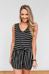 Sleeveless Striped Drawstring Romper- Black & Ivory