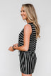 Sleeveless Striped Drawstring Romper- Black & Ivory
