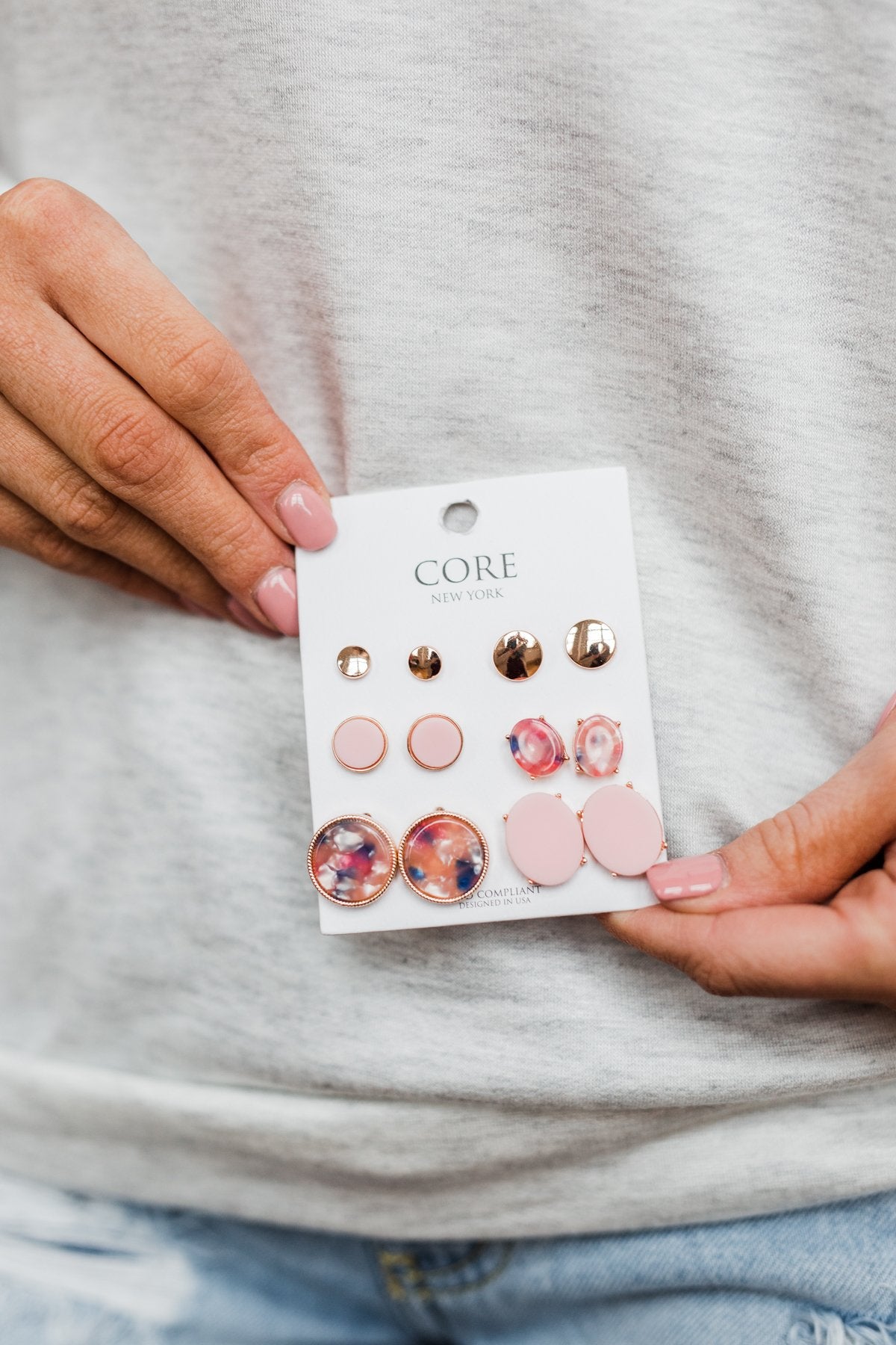 6 Pair Earring Set-Pink, Gold, Blue