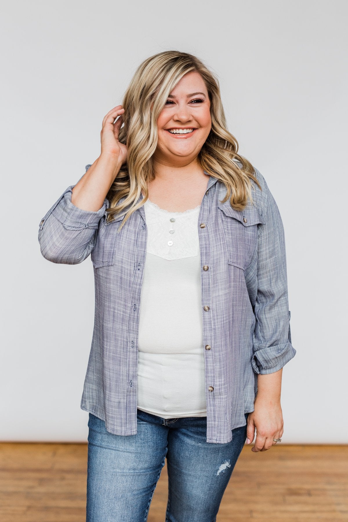 Let Me Adore You Button Down Top- Blue