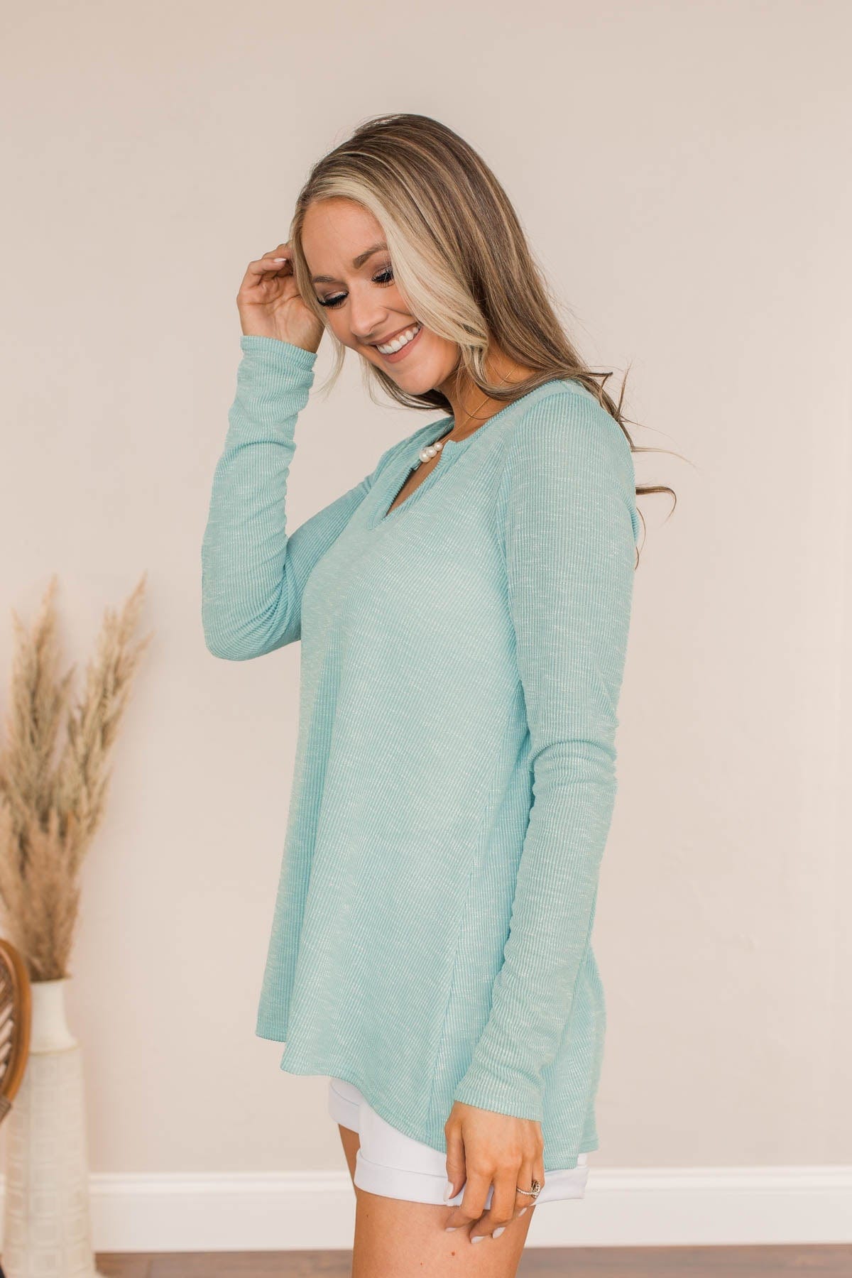 Thank Me Later Ribbed Knit Top- Aqua