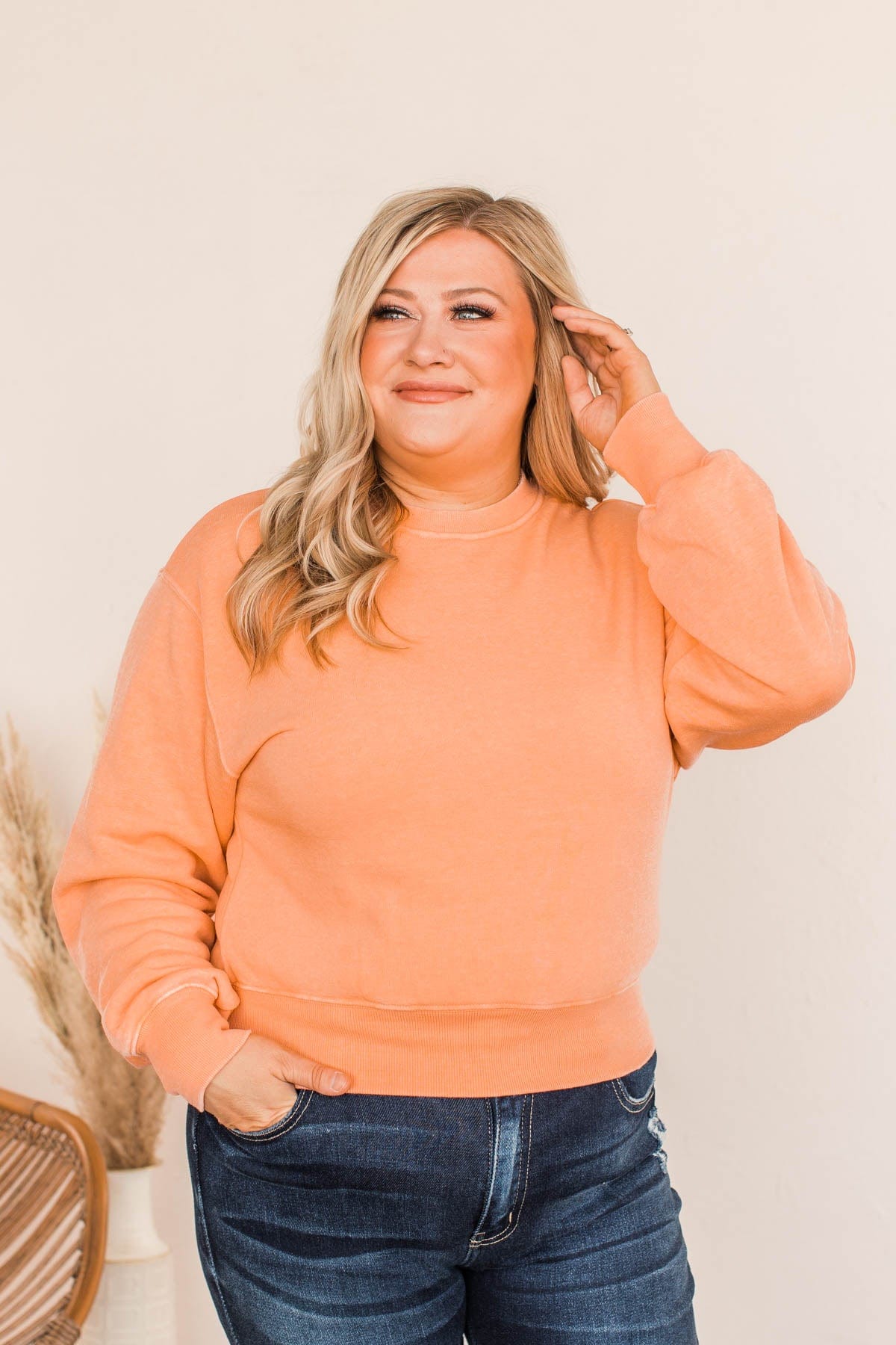 Improve Myself Cropped Crew Neck Pullover- Soft Orange