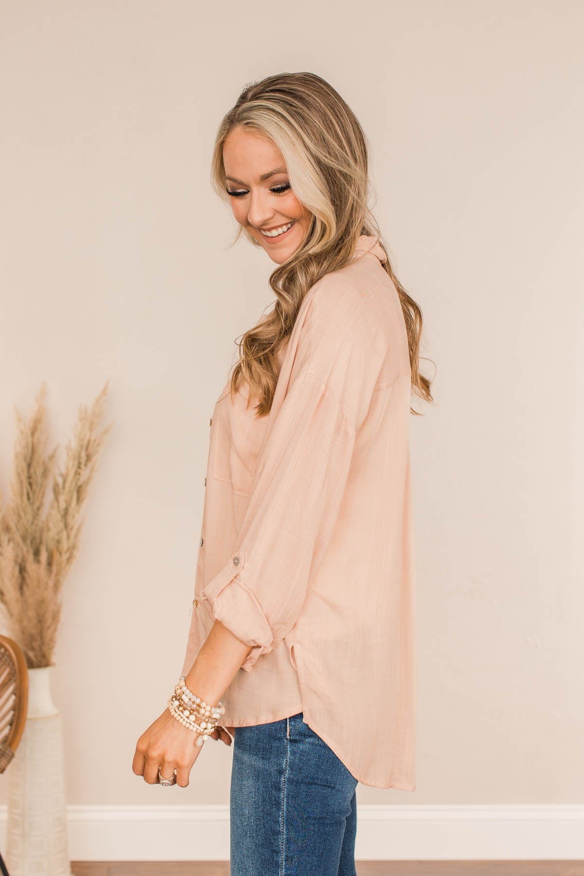 Stay In Touch Button Down Top- Champagne