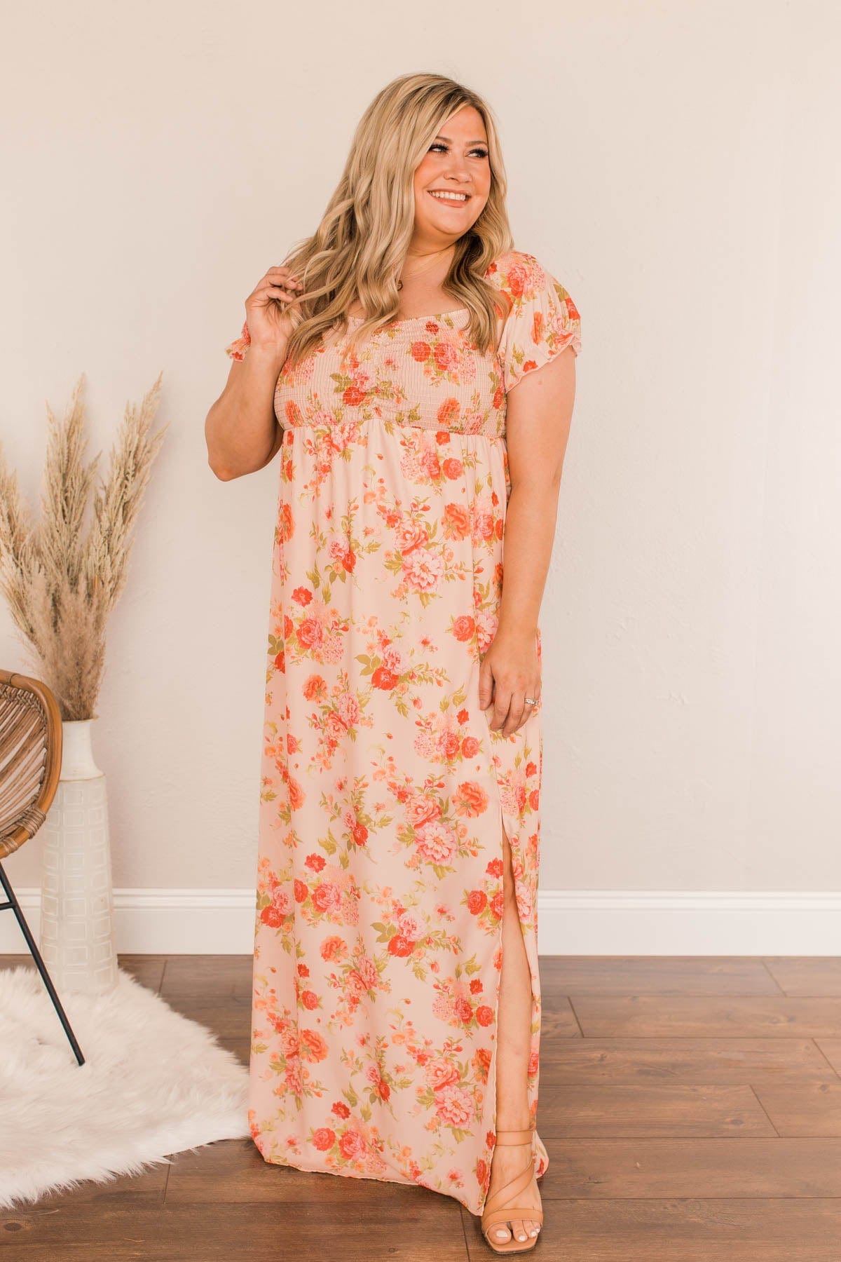 peach dresses women Have Confidence In Me Floral Maxi Dress- Peach
