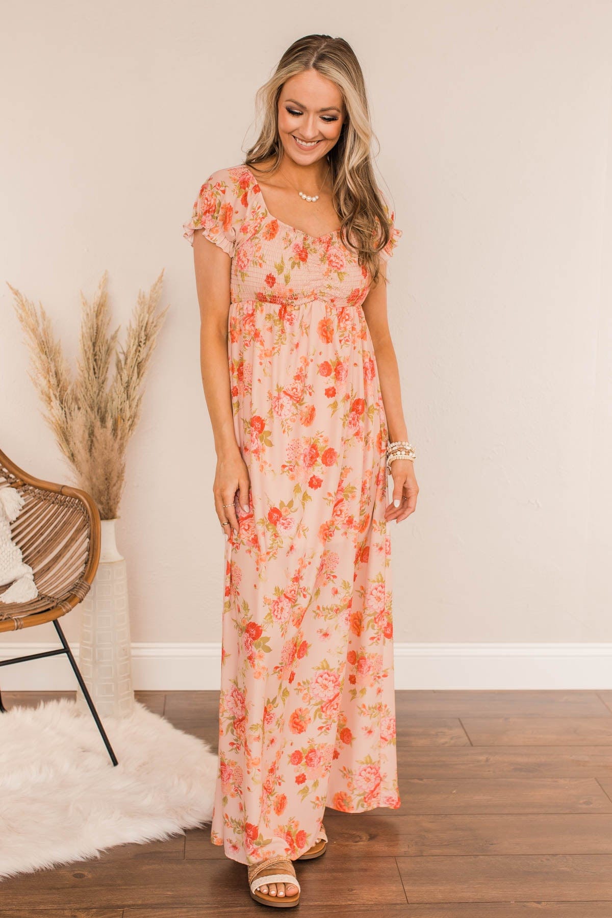 peach maxi dress casual Reiss