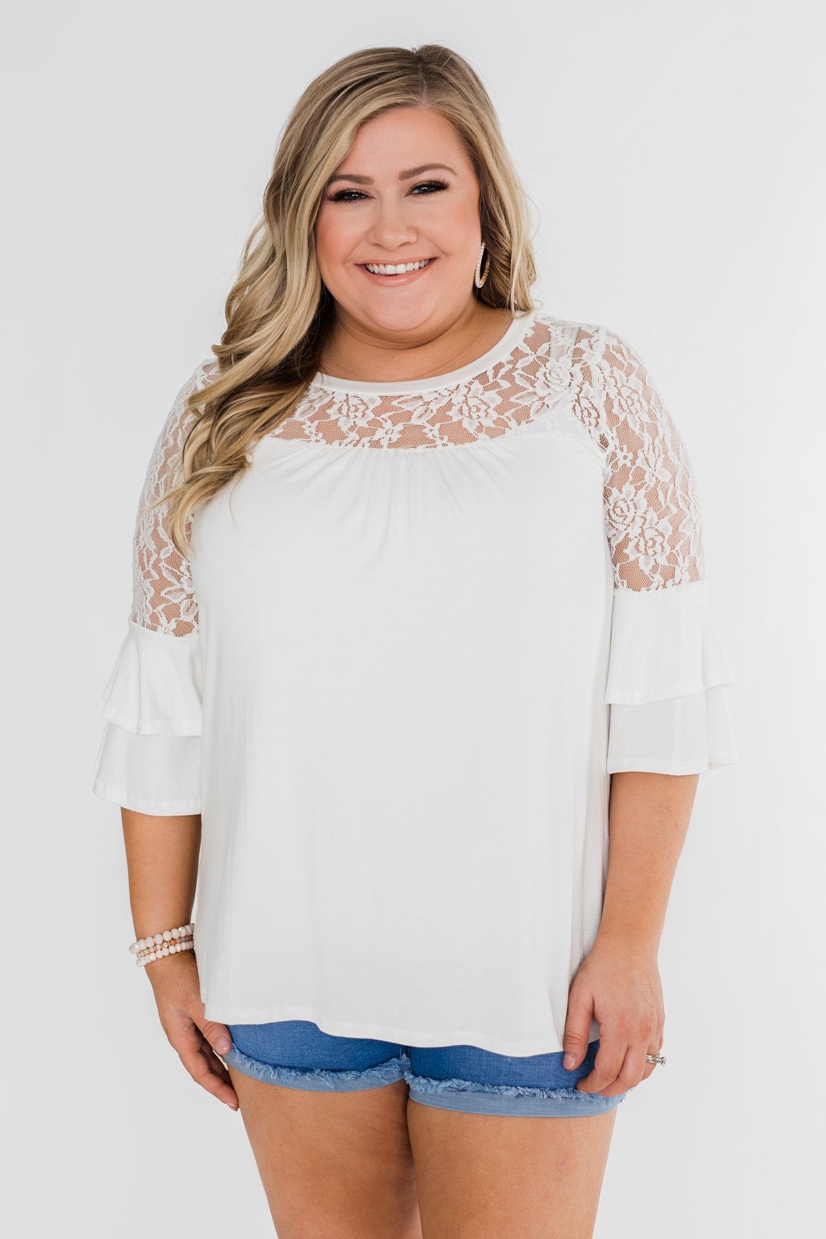 Right Beside Me Lace & Ruffles Top- Ivory