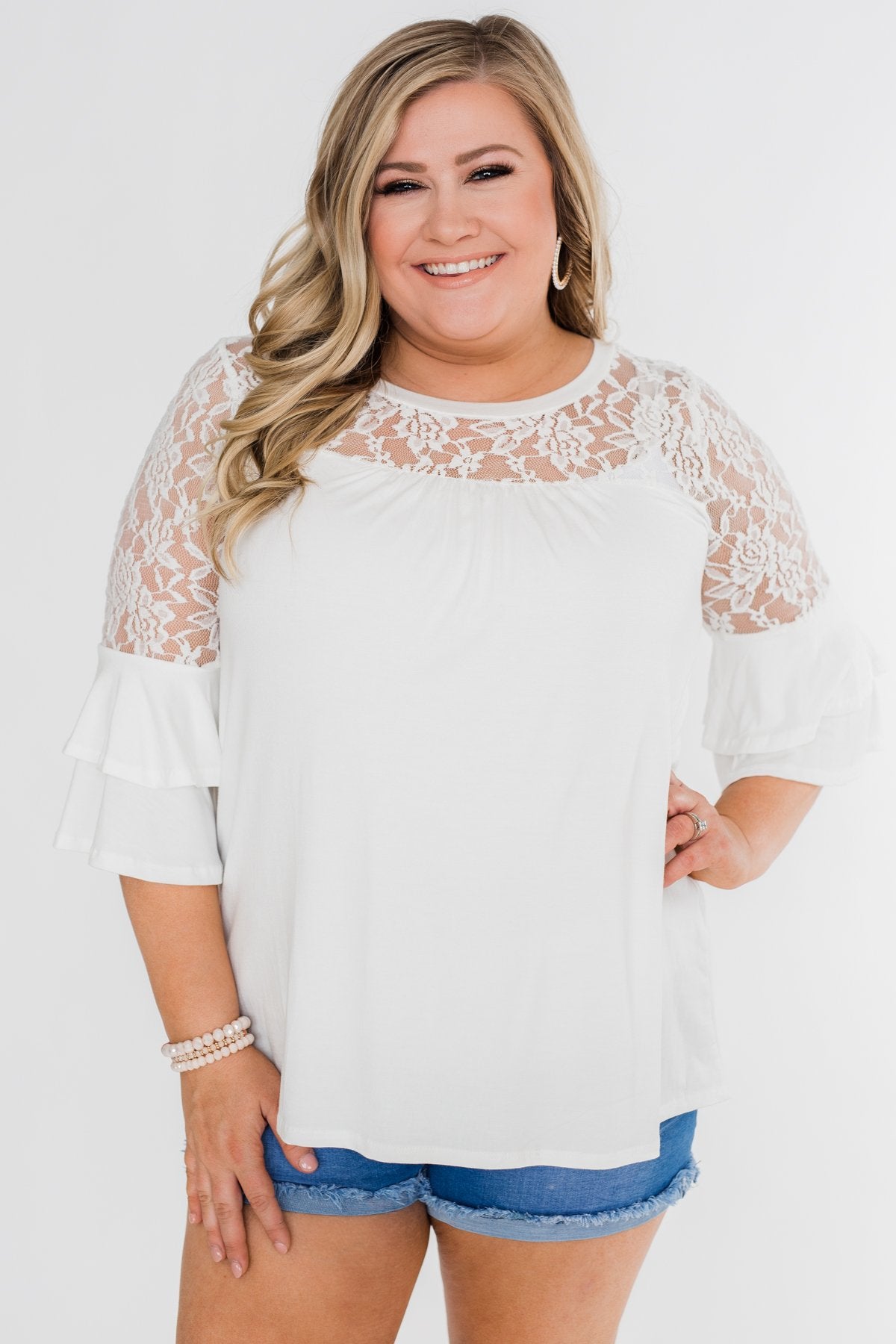 Right Beside Me Lace & Ruffles Top- Ivory