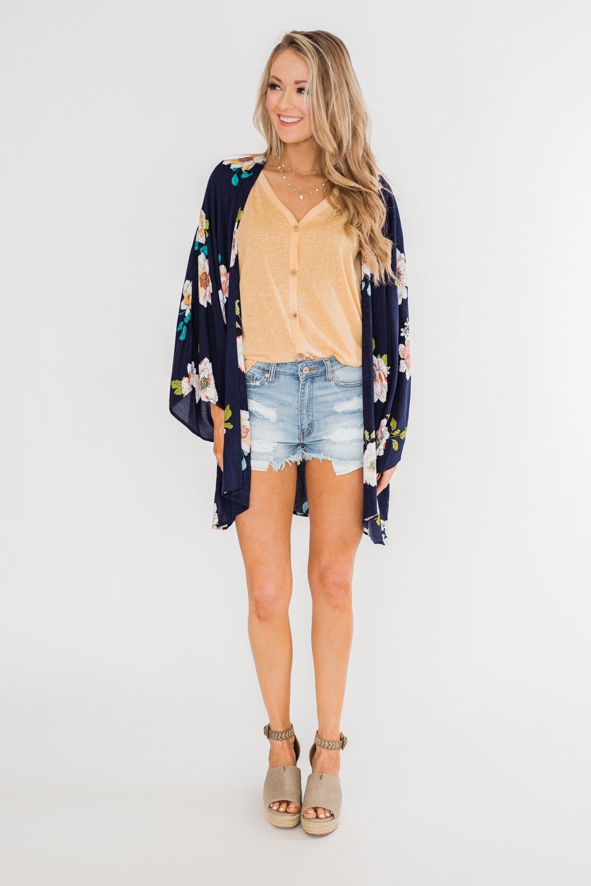 Botanical Floral Kimono- Navy