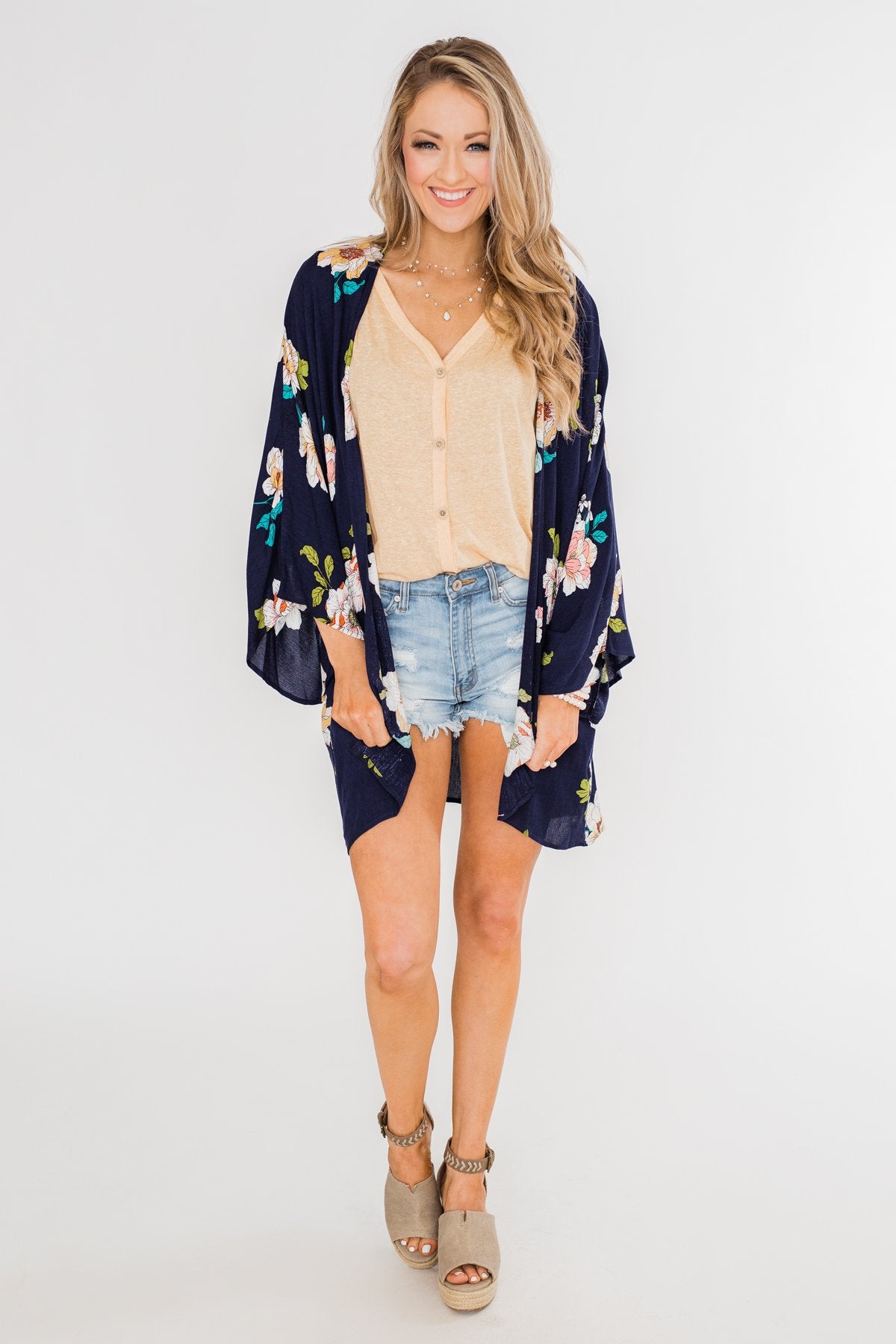 Botanical Floral Kimono- Navy