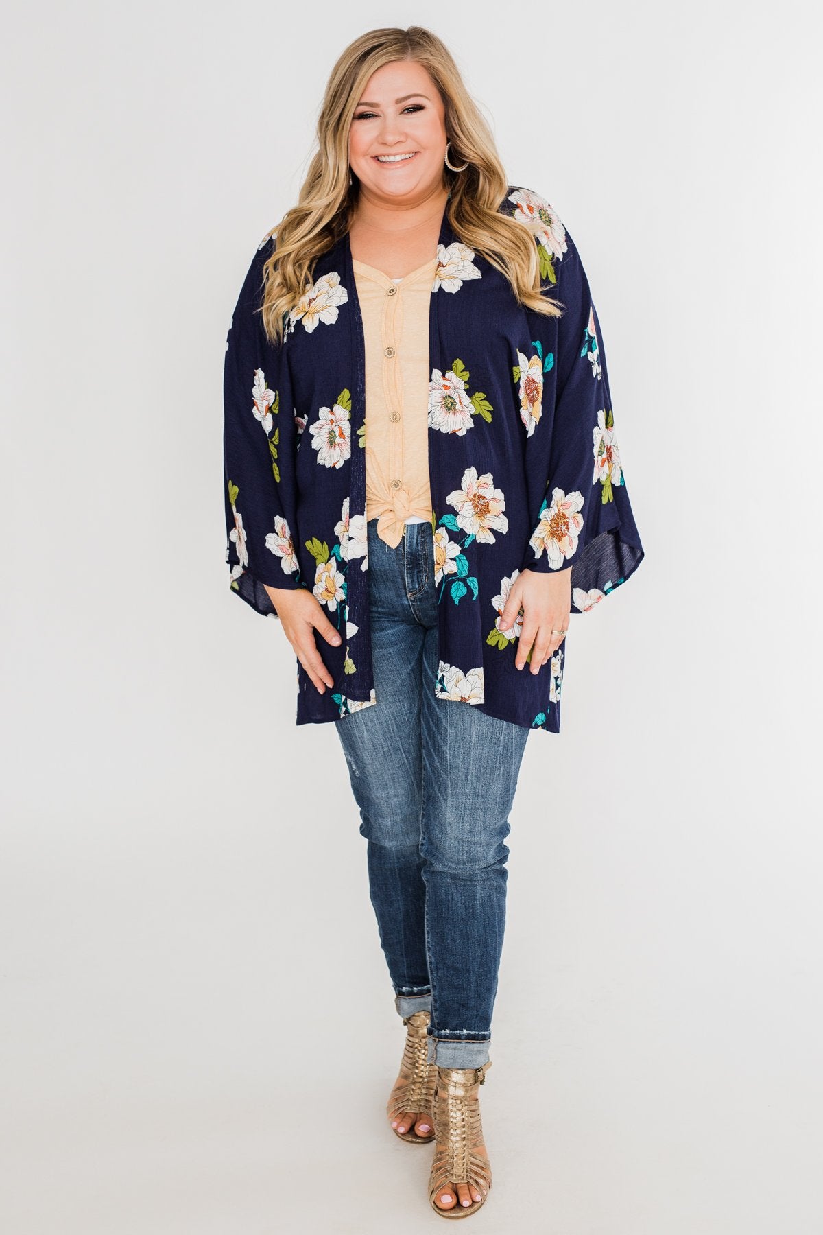 Botanical Floral Kimono- Navy