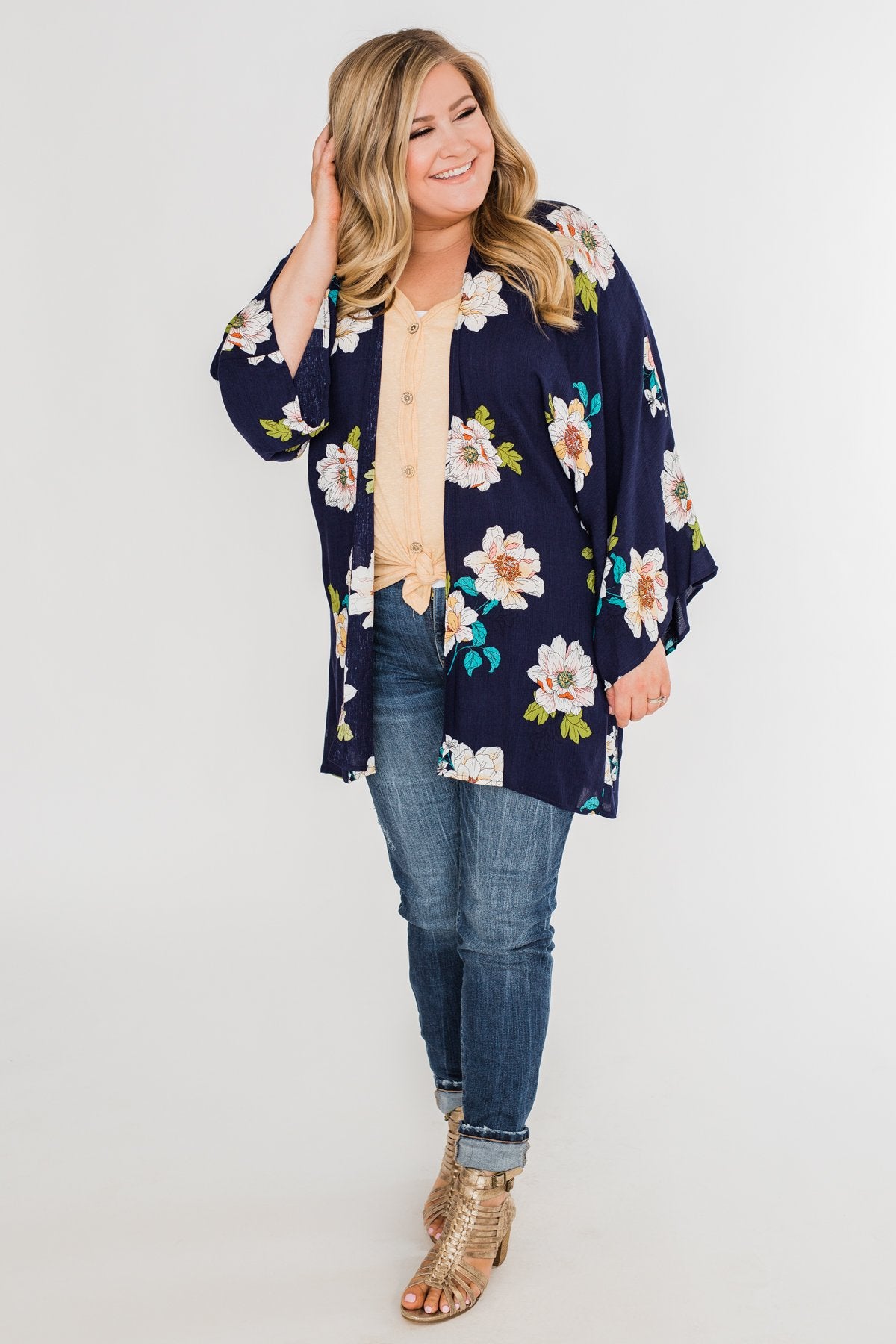 Botanical Floral Kimono- Navy