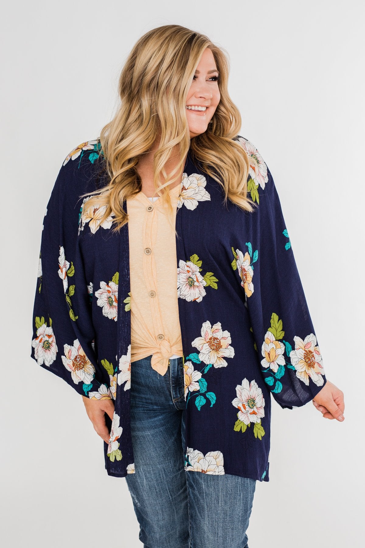 Botanical Floral Kimono- Navy