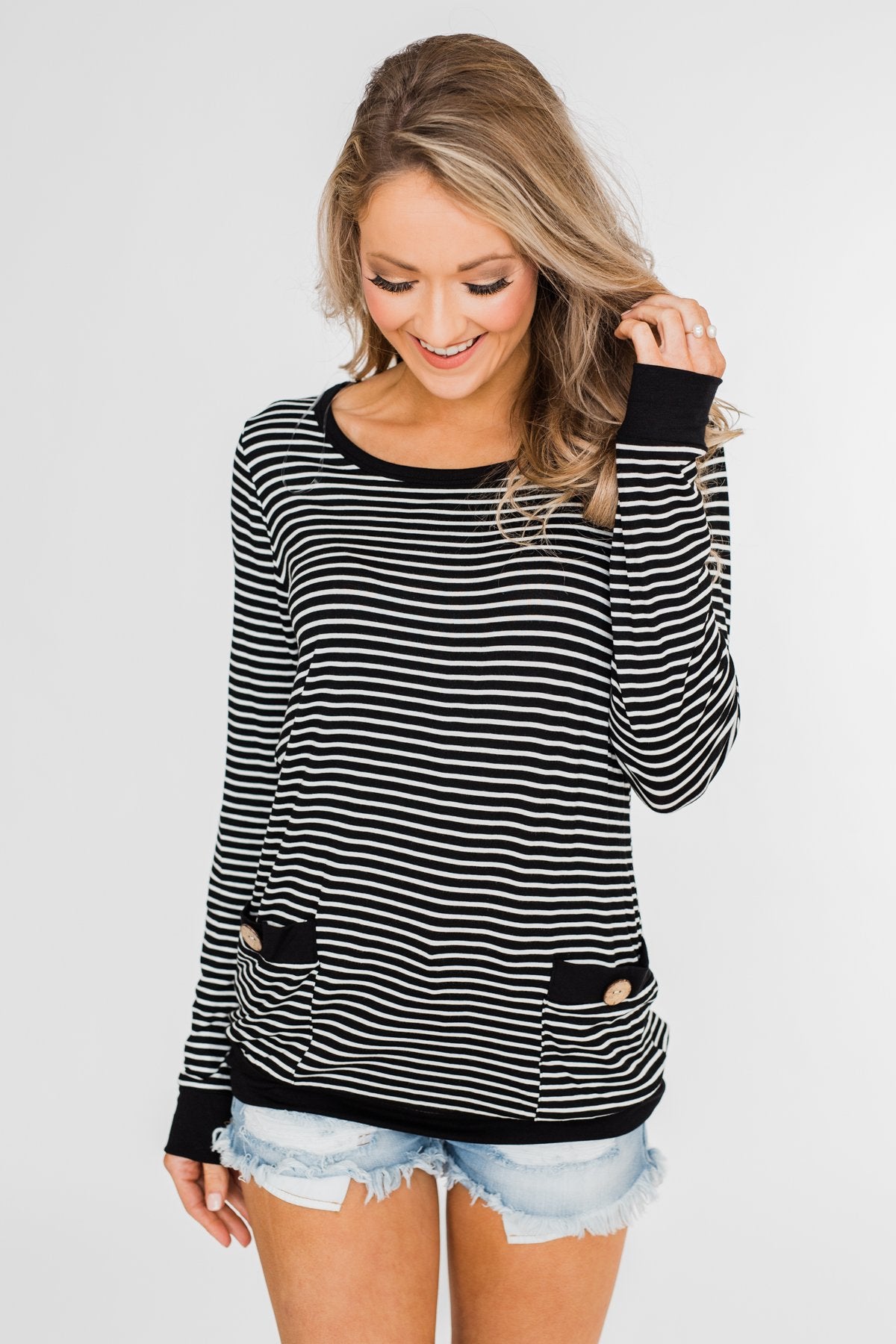 So Much In Common Striped Pocket Top- Black