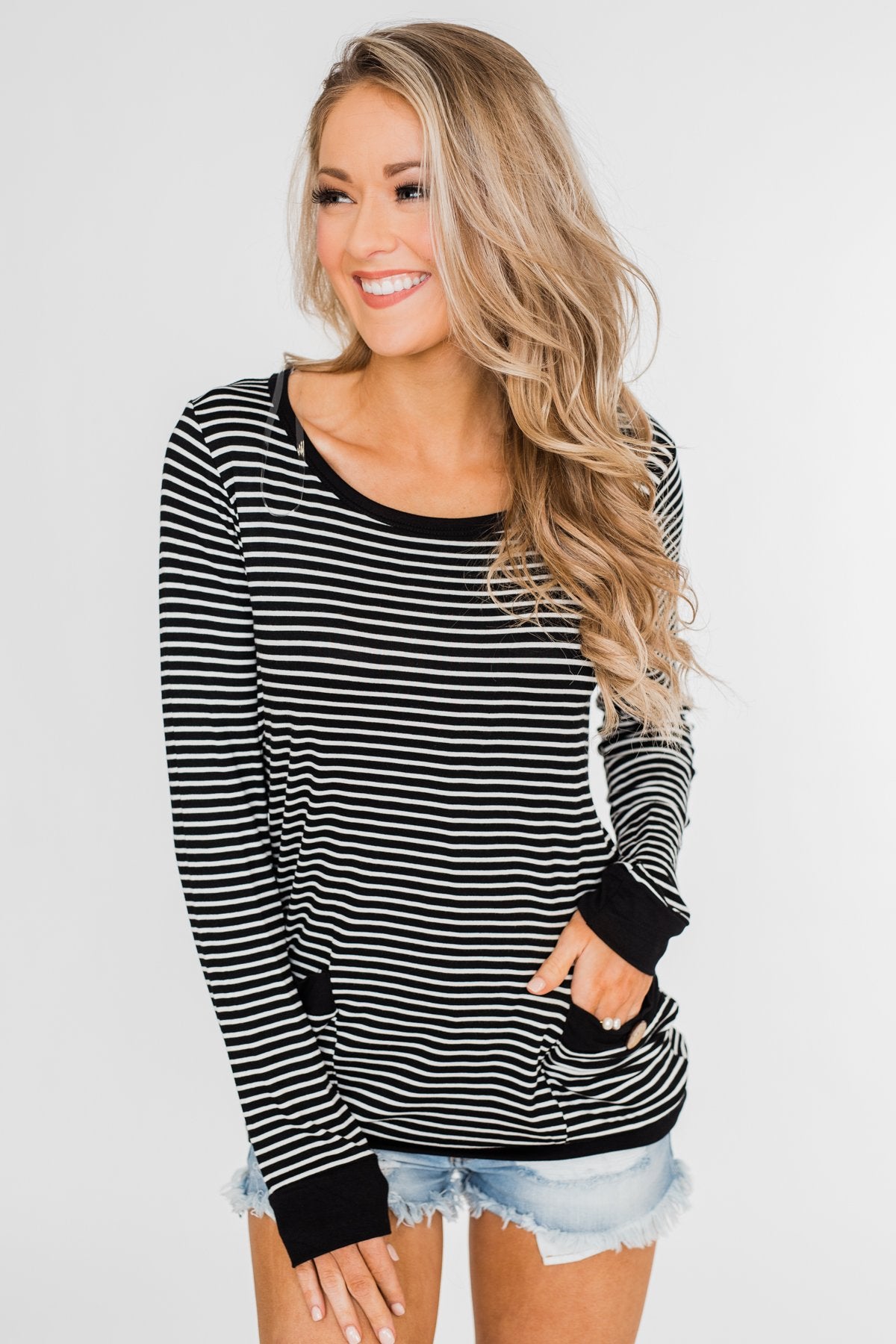 So Much In Common Striped Pocket Top- Black