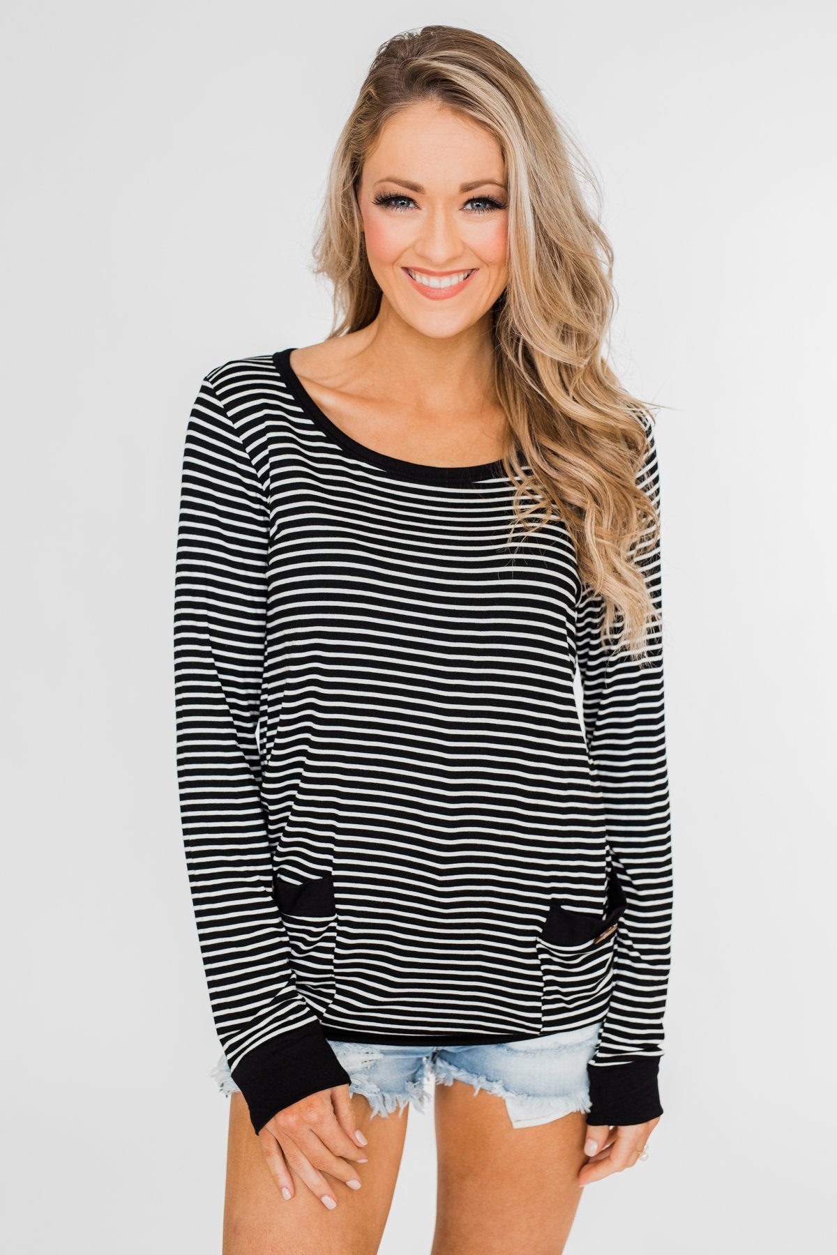 So Much In Common Striped Pocket Top- Black