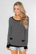 So Much In Common Striped Pocket Top- Black