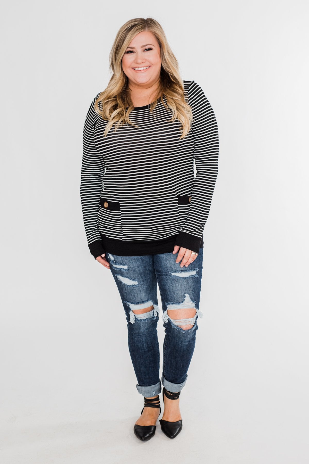So Much In Common Striped Pocket Top- Black