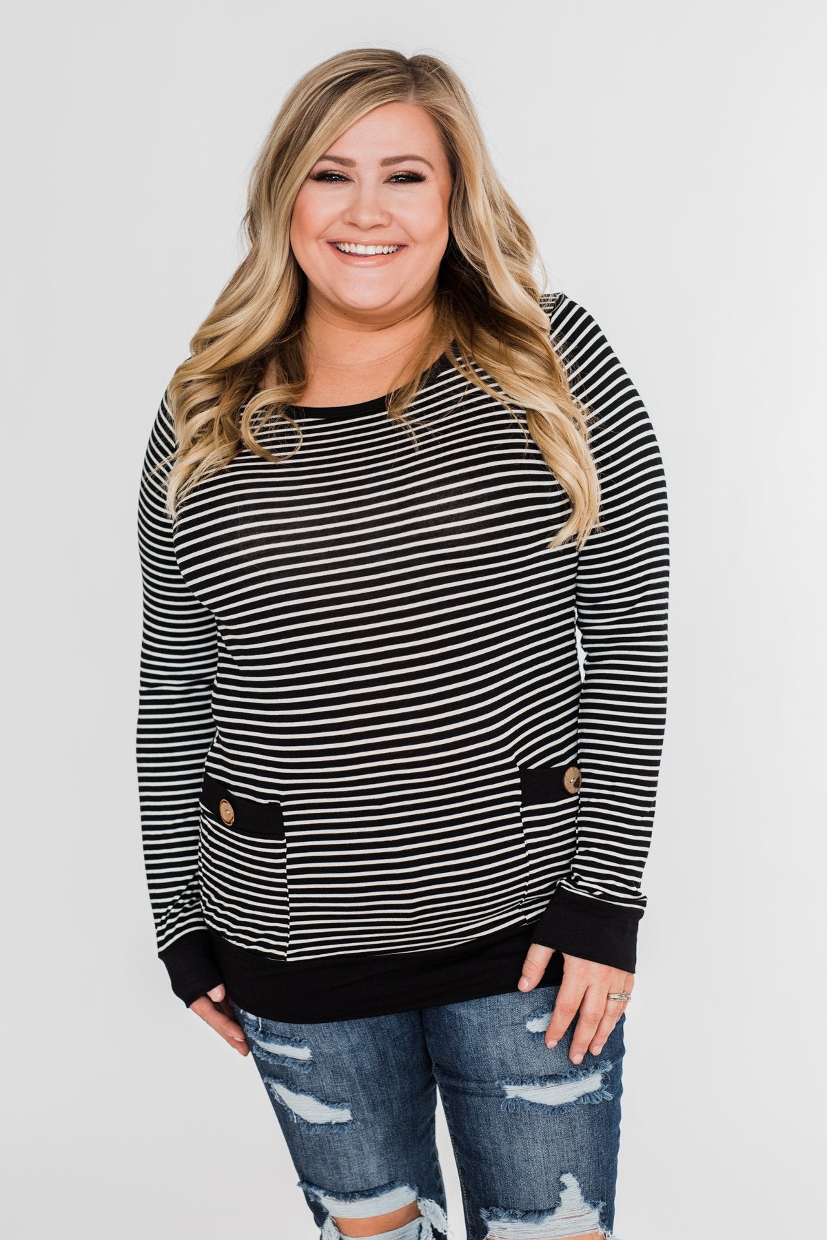 So Much In Common Striped Pocket Top- Black