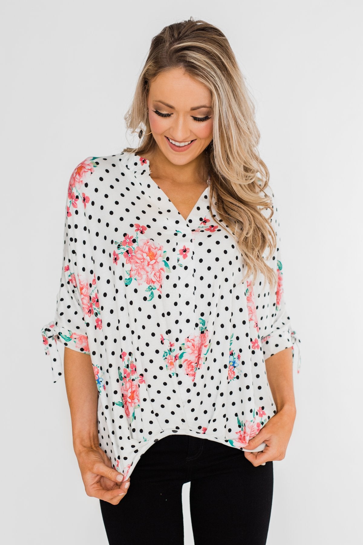Show You Off Polka Dot & Floral Top- Ivory