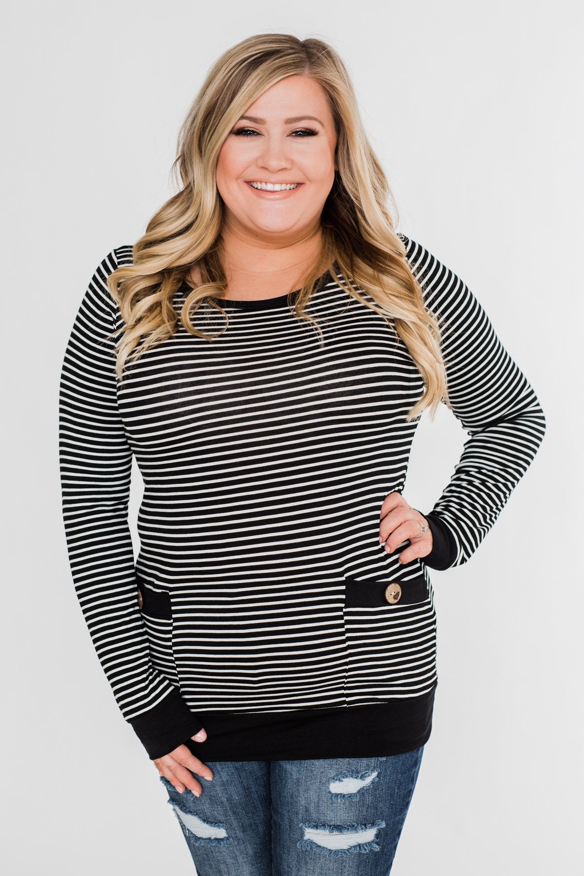 So Much In Common Striped Pocket Top- Black