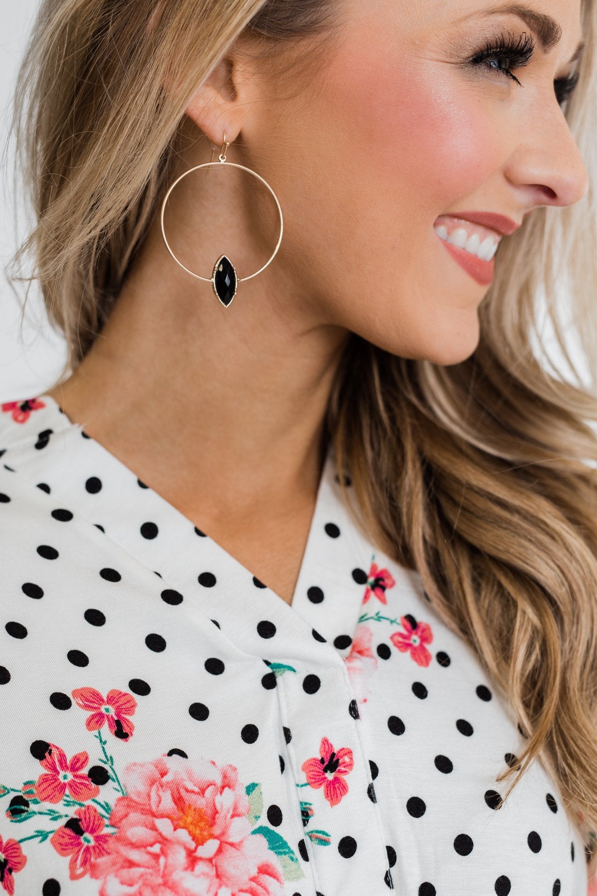 Dangle Hoop & Black Stone Earrings- Gold