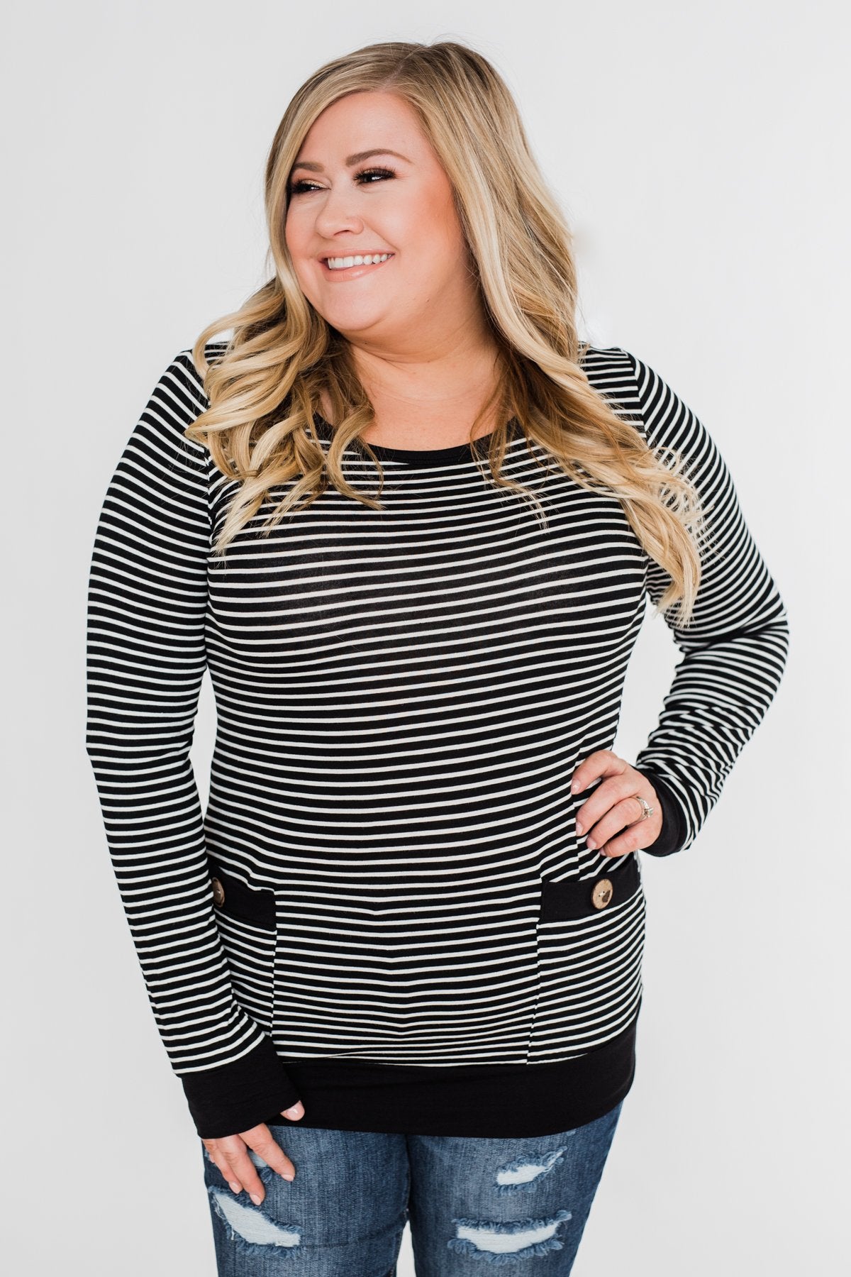 So Much In Common Striped Pocket Top- Black