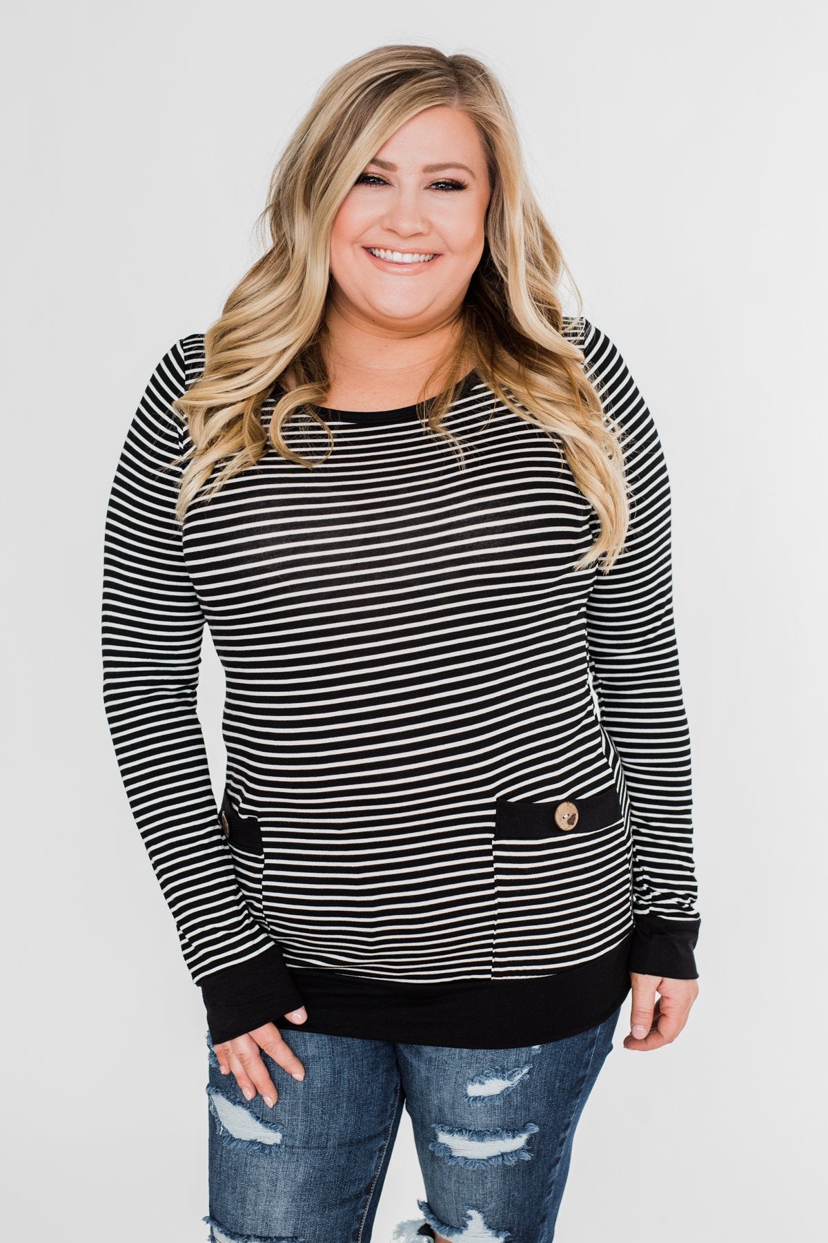 So Much In Common Striped Pocket Top- Black