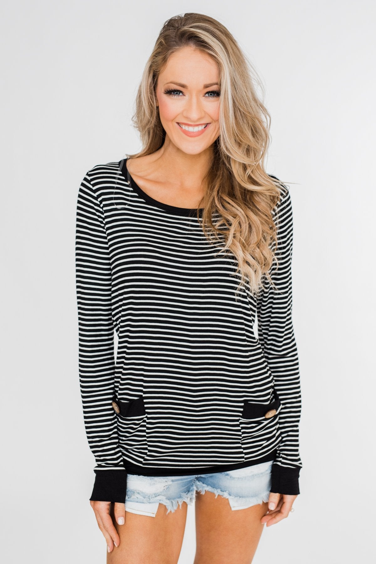 So Much In Common Striped Pocket Top- Black