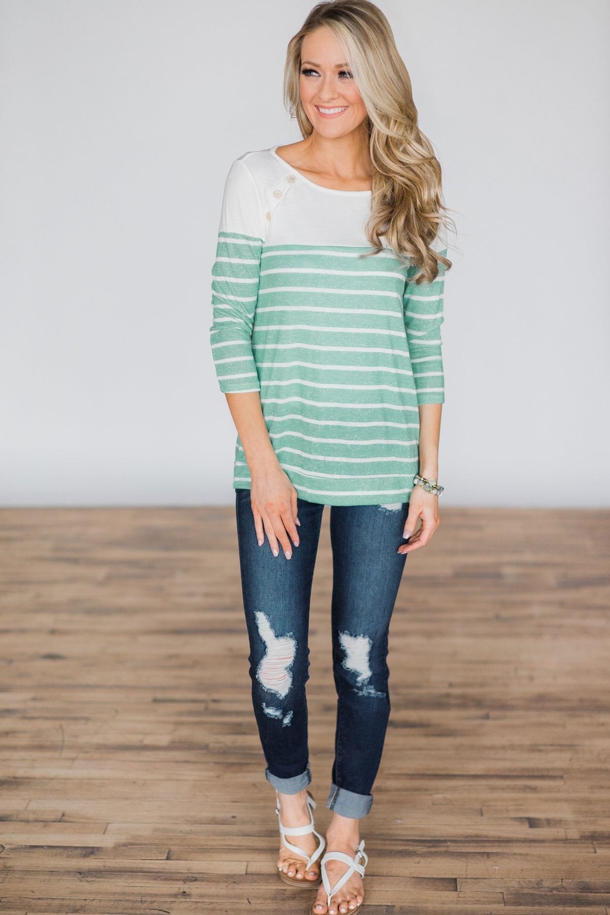 Beautiful in Buttons Striped Top ~ Mint