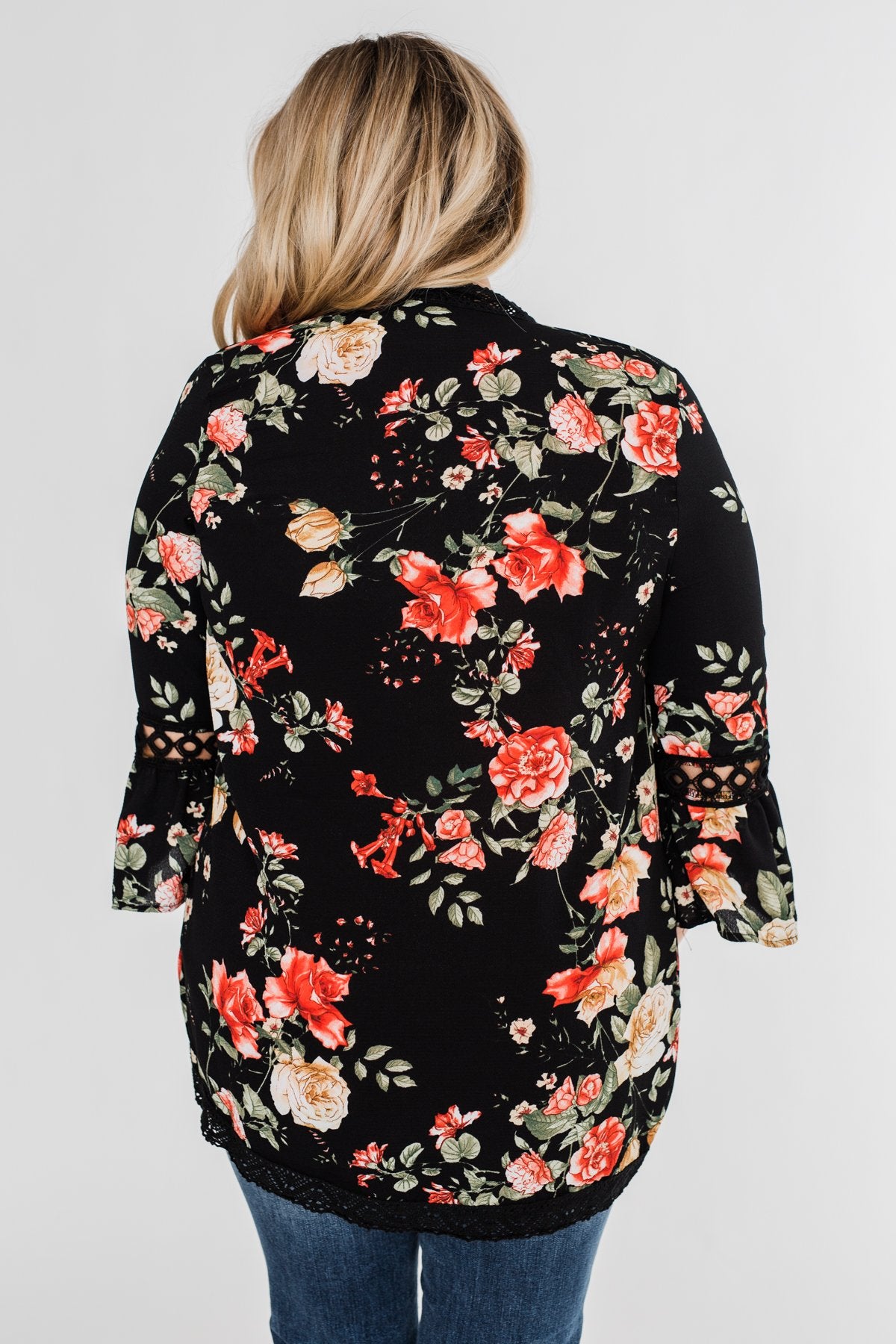 Floral Bell Sleeve & Lace Trim Kimono- Black