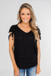 Polka Dot Cinched Tie Sleeve Top- Black