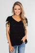 Polka Dot Cinched Tie Sleeve Top- Black