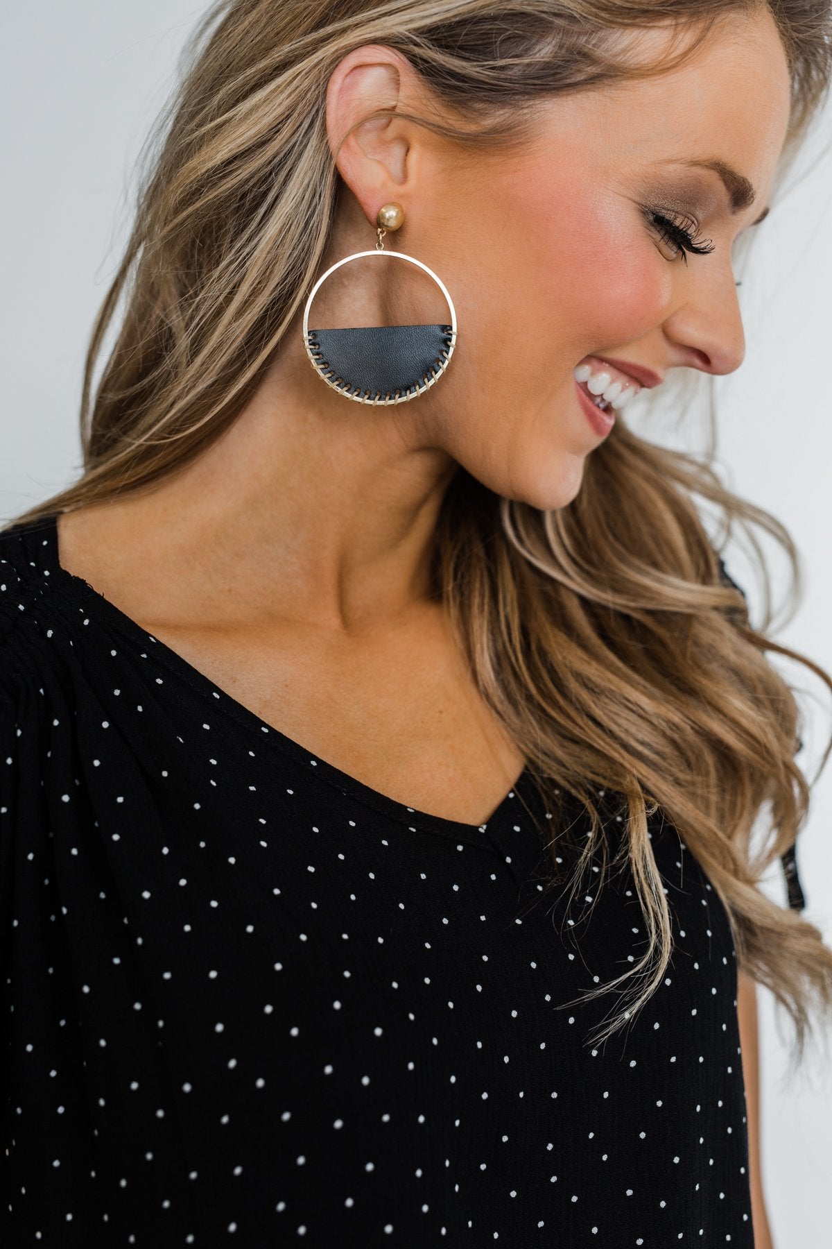 Half Circle Black Leather Hoop Earrings- Gold