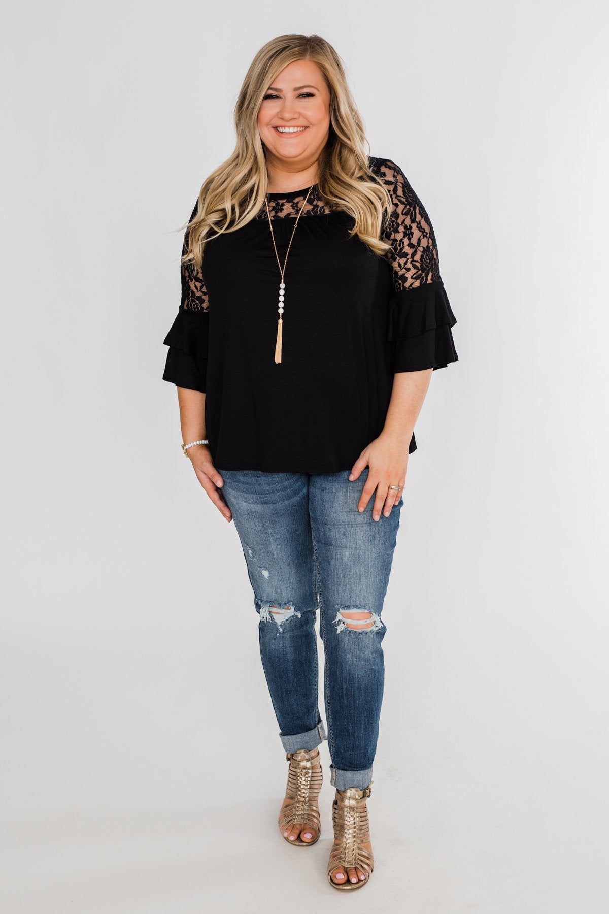 Right Beside Me Lace & Ruffles Top- Black