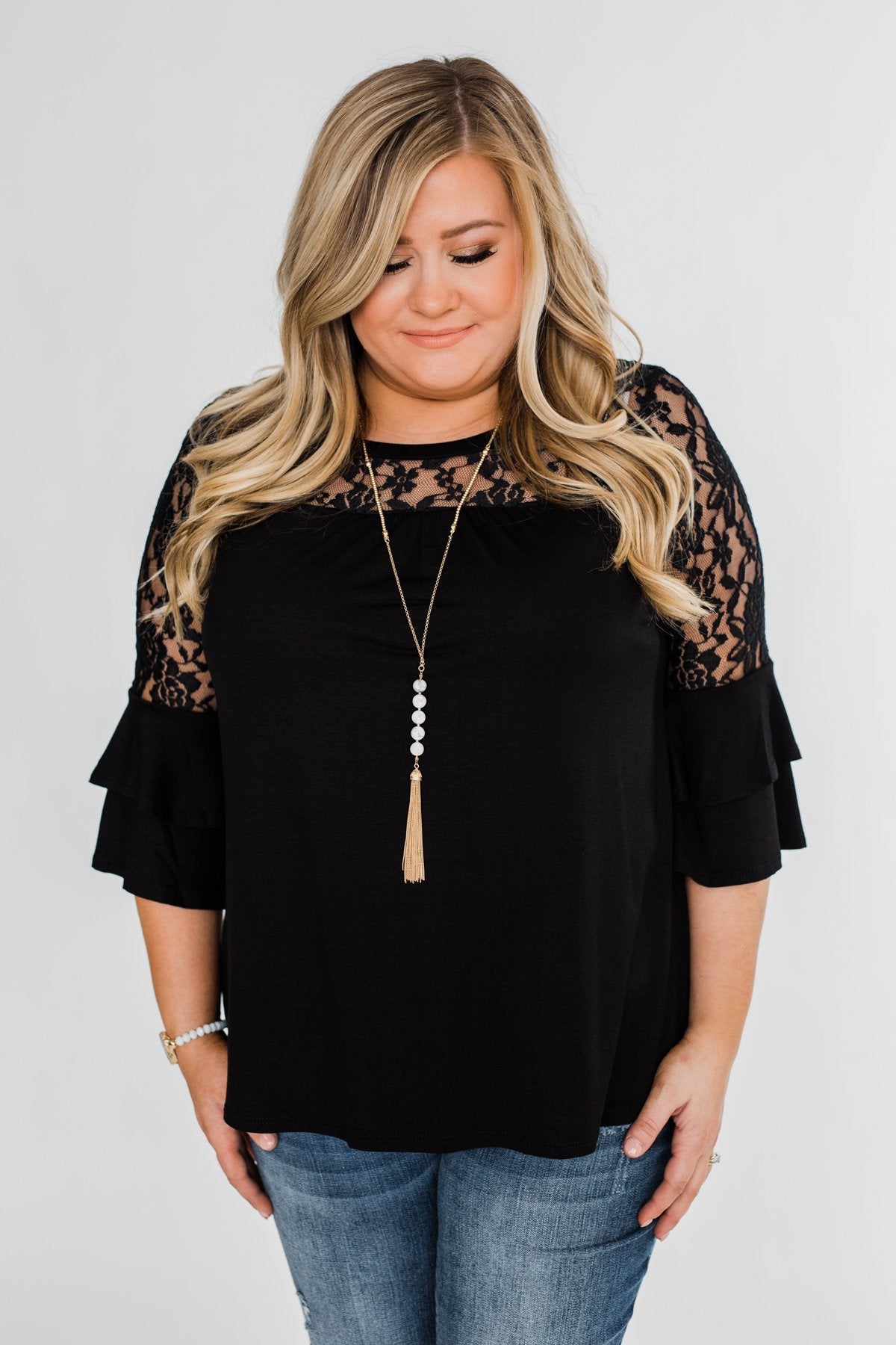 Right Beside Me Lace & Ruffles Top- Black