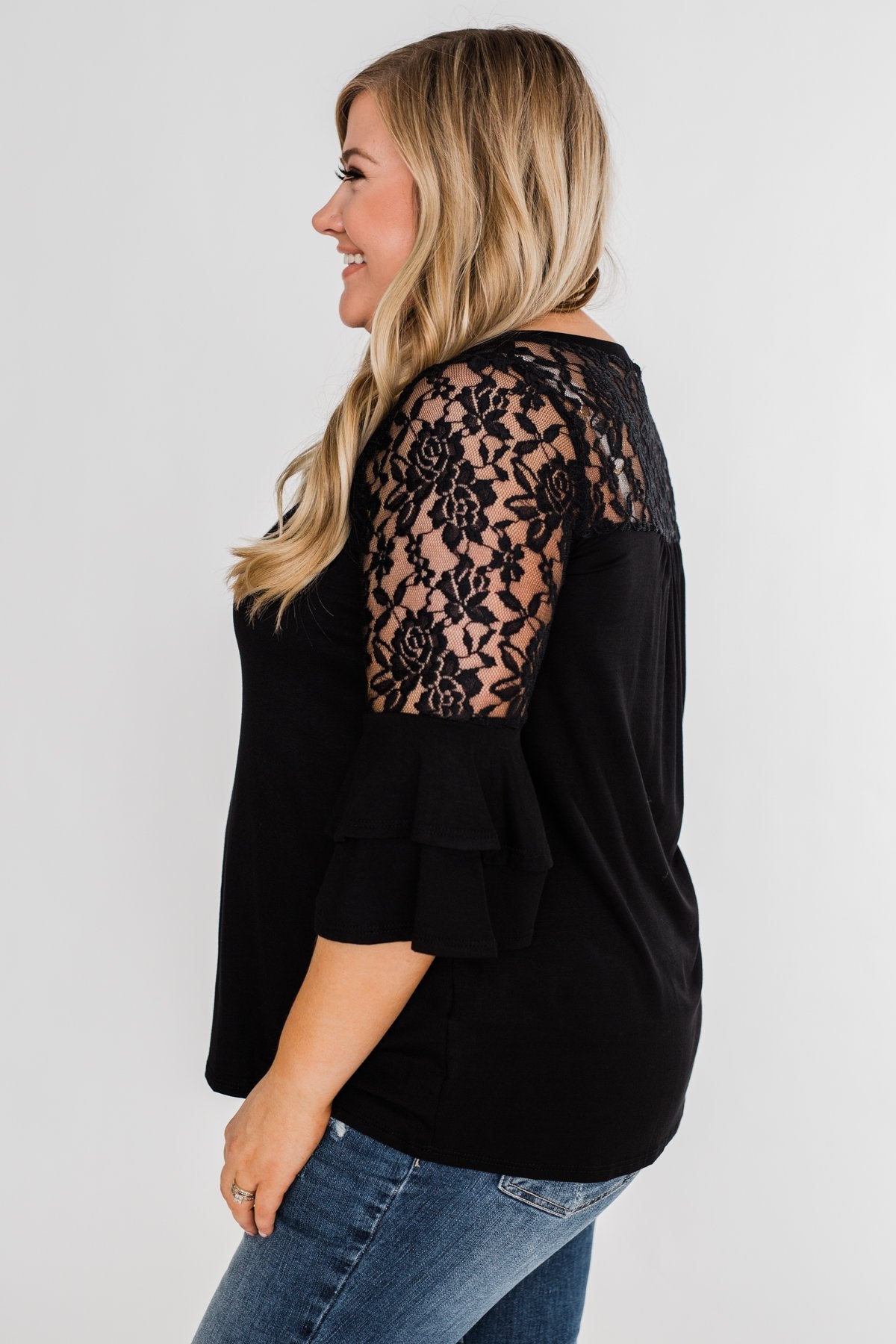Right Beside Me Lace & Ruffles Top- Black