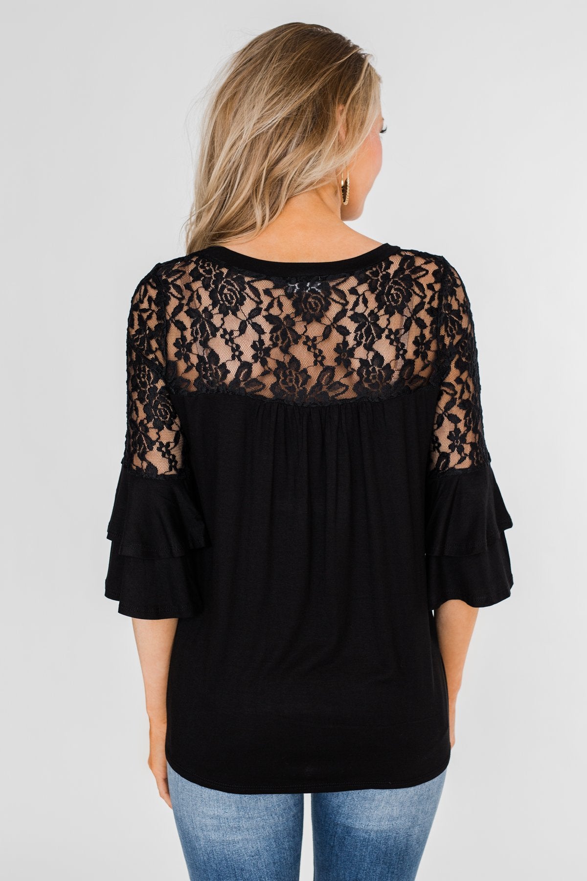Right Beside Me Lace & Ruffles Top- Black