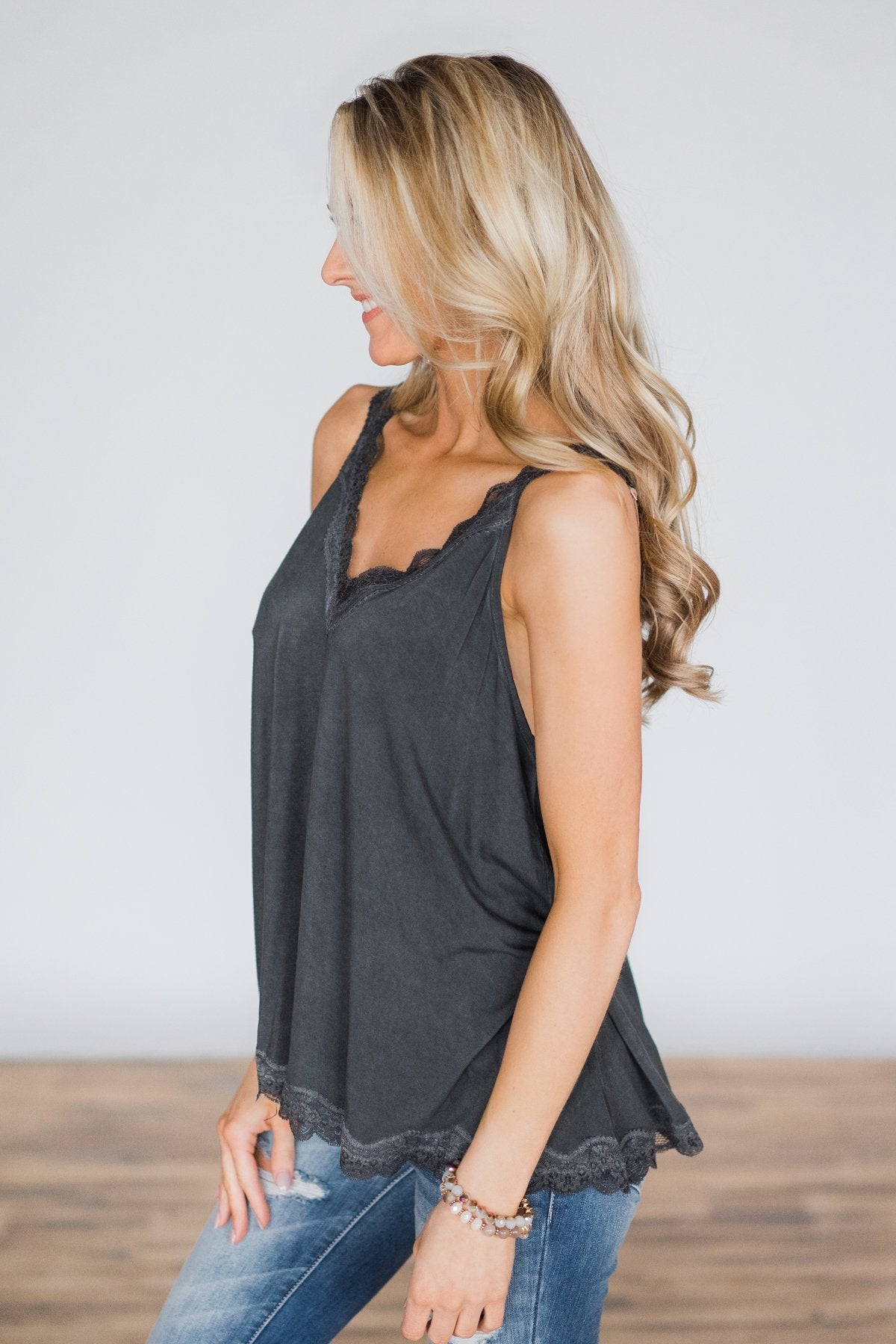 Cherished Moment Lace Tank - Charcoal